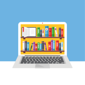 A laptop computer with a bookcase filling the screen