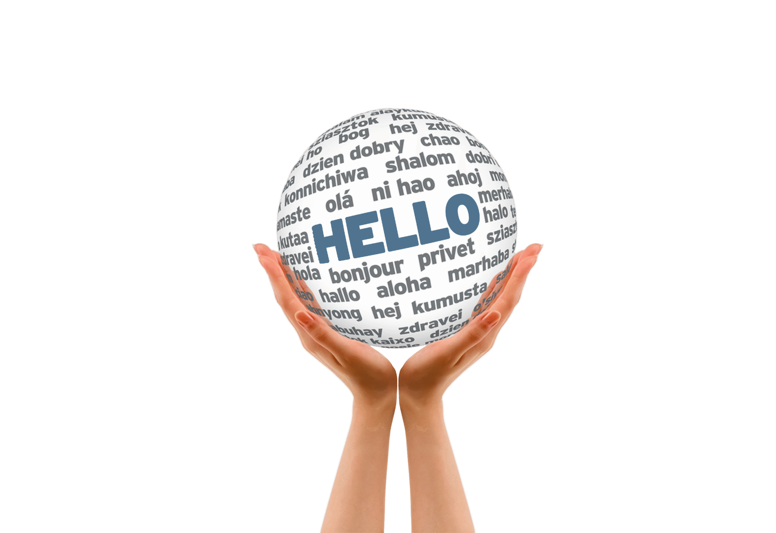 Hands holding a globe made of words in other languages that all mean “hello"